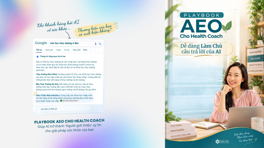 Demo ảnh bìa "PLAYBOOK AEO CHO HEALTH COACH" thiết kế bởi Ms. Hà Mentor Coach